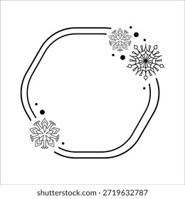 Vector minimalista de arte de línea negra de un marco hexagonal decorado con intrincados copos de nieve y puntos dispersos, perfecto para tarjetas de felicitación de invierno, invitaciones o superposiciones transparentes.