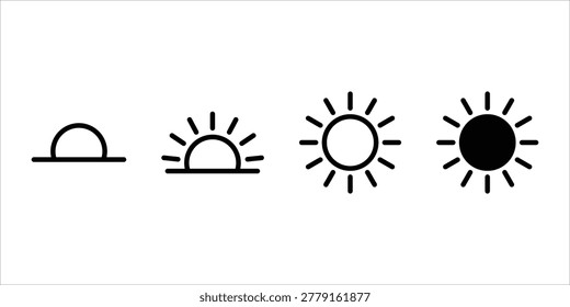 Minimalist black line art vector icon set showing sunrise sunset and full sun stages ideal for weather apps user interfaces and simple graphic designs.
