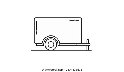 Minimalist black line art vector illustration of a single-axle enclosed cargo trailer featuring a towing hitch and wheel well on a white background, suitable for flat icons.