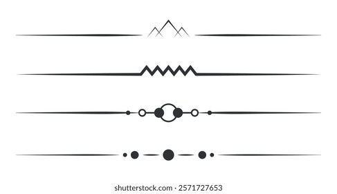 Minimalist black line dividers with geometric shapes. Elegant dividers for design. Simple, clean lines for decoration. Geometric, minimalist style. Element vector set.