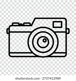 A minimalist black line drawing of a camera on a transparent checkered background, with clean lines and basic shapes