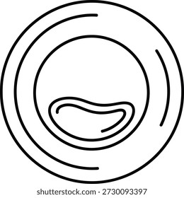 A minimalist black line drawing of a circular shape resembling an eye or iris on a white background