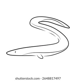 Minimalist black line drawing of an eel in motion, ideal for marine biology themes, seafood menus, aquarium graphics, educational content, or aquatic-themed design assets.