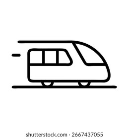 A minimalist black line drawing of a fastmoving train, symbolizing travel and efficiency. Clean design on a transparent background.