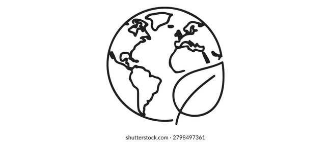 A minimalist black line drawing of the globe with a single leaf in front on a pure white background, symbolizing eco-friendliness and sustainability with a simple style