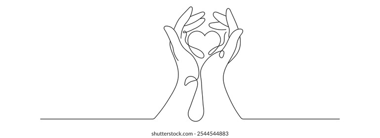 Minimalist black line drawing of hands holding a heart shape