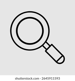 A minimalist, black line drawing of a magnifying glass is centered on a plain, light gray background. The icon features a circular lens and a simple handle.