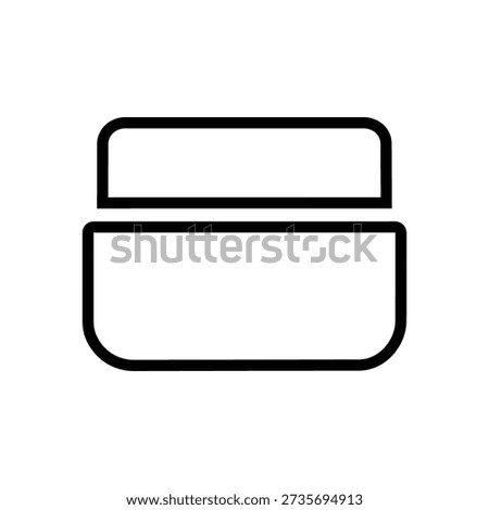 A minimalist black line drawing of an open jar with a rounded rectangular body and lid, isolated on white background