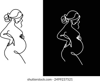 A minimalist black line drawing of a pregnant