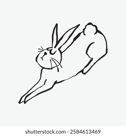 Minimalist black line drawing of a rabbit in motion, showcasing its long ears and fluffy tail. Simple rabbit sketch on a plain background, capturing a dynamic pose. Line art illustration vector.