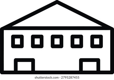 Minimalist black line drawing of a small twostory building featuring windows and doors