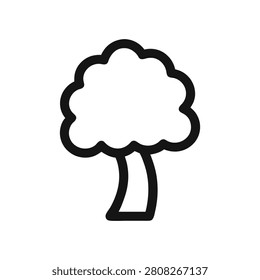 A minimalist black line drawing of a tree with a thick trunk and rounded leafy canopy on a white background