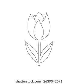 A minimalist black line drawing of a tulip flower on a white background.
