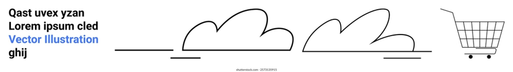 A minimalist black line drawing of two clouds and a shopping cart. Ideal for e-commerce, online shopping, clouds, simplicity, and minimalist themes. Banner for landing page