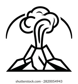 Minimalist black line drawing of a volcano in eruption. Stylized smoke cloud and mountain shape. Ideal for infographics, educational materials, and simple designs.