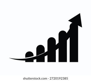 Um gráfico de linhas pretas minimalista mostrando uma tendência ascendente com três barras retangulares