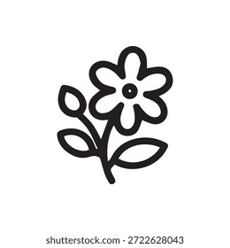 Um ícone de linha preta minimalista de uma flor encantadora com uma flor duas folhas e um botão aberto perfeito para primavera de jardim ou temas botânicos