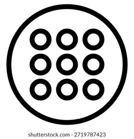 Minimalist black line icon of a circular app menu grid. Perfect for modern UIUX design projects, representing digital organization, navigation options, and tech interface menus.