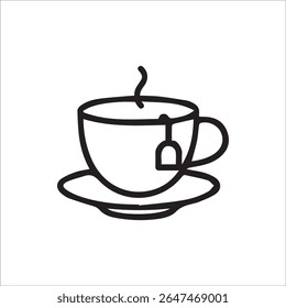 Um ícone de linha preta minimalista representando uma xícara de chá com um saco de chá descansando em um pires, perfeito para representar o relaxamento de conforto de bebidas quentes ou um tempo de pausa acolhedor.
