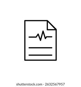 Minimalist black line icon of a document with a heartbeat waveform, representing a medical report, health record, or diagnostic result. Ideal for healthcare and clinical design purposes.