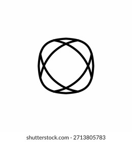 Um ícone de linha preta minimalista com curvas entrelaçadas que formam um nó simétrico esférico ou forma de átomo estilizado.