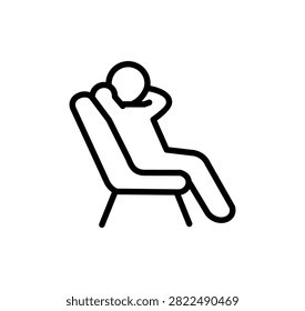 Minimalist black line icon illustration of a person sitting and relaxing comfortably in an armchair with hands behind head isolated on a clean white background, ideal for leisure, comfort, rest, break time, office break, and lifestyle concepts.

