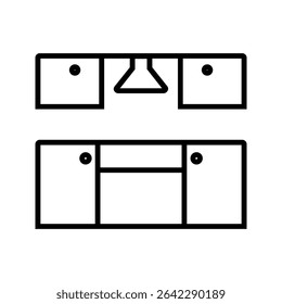 Icono minimalista de línea negra de una configuración de cocina, que simboliza un espacio de cocina moderno con electrodomésticos y herramientas. Perfecto para App culinarios, diseños de interiores para el hogar, Sitios web de recetas y salvado relacionado con la cocina