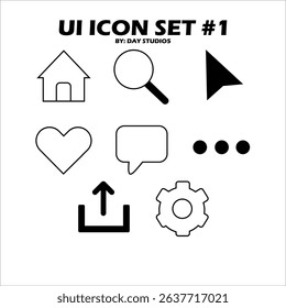 Minimalist black line icon set for UI design. Includes home, search, pointer, heart, chat, upload, settings, and more. Perfect for apps, websites, and dashboards. Vector format, fully scalable.