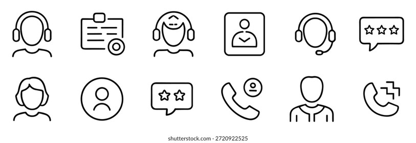 Minimalist black line icon set representing communication, customer support, messaging, user interaction, and feedback systems