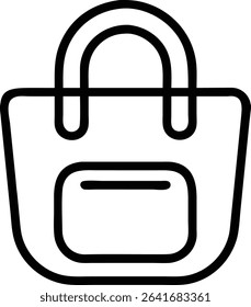 Minimalist black line icon of a shopping bag with handle and front pocket. Ideal for e-commerce, retail, and digital shopping platforms.


