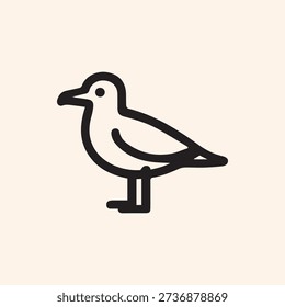 Minimalist black line icon of a standing seagull on a light background. A simple, modern vector graphic suitable for logos and branding.