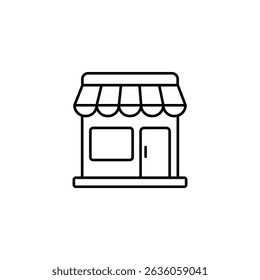 Ícone de linha preta minimalista de uma vitrine eletrônica com um toldo, janela e porta. Ideal para negócios, compras ou projetos com temática de varejo, aplicativos, sites e materiais de marketing digital.
