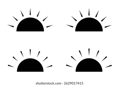Minimalist black line icon of sun rising or sunset setting over ocean waves, isolated on white background, symbol of travel, peace and nature. Daylight business concept. Sun icon in flat style. 