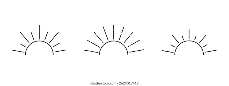 Minimalist black line icon of sun rising or sunset setting over ocean waves, isolated on white background, symbol of travel, peace and nature. Daylight business concept. Sun icon in flat style. 