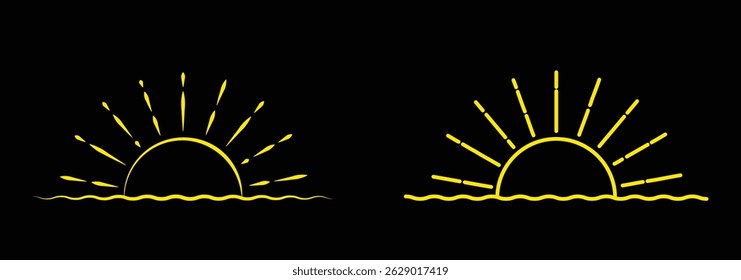 Minimalist black line icon of sun rising or sunset setting over ocean waves, isolated on white background, symbol of travel, peace and nature. Daylight business concept. Sun icon in flat style. 