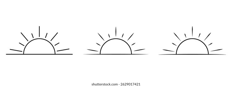Minimalist black line icon of sun rising or sunset setting over ocean waves, isolated on white background, symbol of travel, peace and nature. Daylight business concept. Sun icon in flat style. 