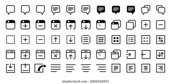 Minimalist black line icons for web and app UI design. Includes chat, windows, navigation, arrows, and interface elements. Perfect for UX, UI, mobile apps, and website design. Vector illustration.