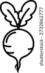 A minimalist black line illustration of a beetroot vegetable with two leaves on top