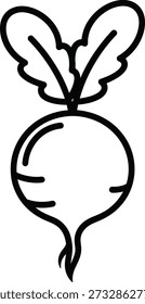Uma ilustração de linha preta minimalista de um vegetal de beterraba com duas folhas no topo