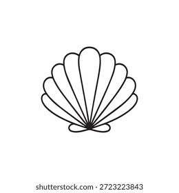 Minimalist black line seashell icon with clean symmetrical outline. Simple marine shell symbol in flat linear style, suitable for logos, packaging, tattoo design, prints, and coastal branding.