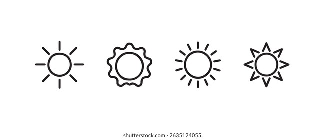 Minimalist black line sun icons set on white background.