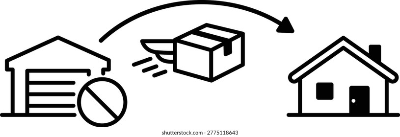 Minimalist black line vector icon illustration of dropshipping business model showing a package flying from a supplier warehouse directly to a customer home, bypassing storage on white background.