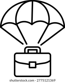 Minimalist black line vector icon illustration of a briefcase with a parachute, symbolizing a golden parachute exit strategy, corporate severance package, business safety net, and risk management.