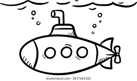 Minimalist black line vector icon illustration of a submarine with a periscope, portholes, and propeller floating on ocean waves, hand-drawn nautical marine design on a white background.