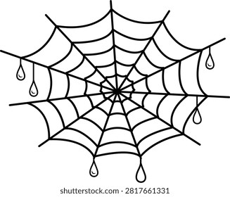 Minimalist black line vector icon of a spiderweb with hanging dew drops on a white background. Hand-drawn geometric spider web illustration for Halloween, spooky themes, or nature designs.