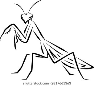 Minimalist black line vector icon illustration of a praying mantis, hand-drawn outline style on a white background, clean and scalable graphic design for nature, biology, and insect-themed designs