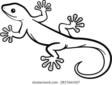 Minimalist black line vector icon illustration of a gecko lizard on a white background, featuring a clean hand-drawn outline of a reptile with a curved tail, perfect for nature and animal logos.