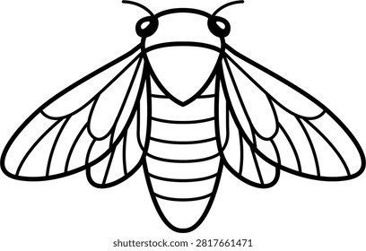 Minimalist black line vector icon of a cicada insect isolated on a white background. This clean outline illustration features a hand-drawn style, perfect for nature and entomology-themed designs.