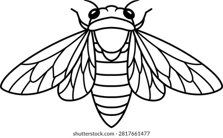 Minimalist black line vector icon of a cicada insect on a white background. This hand-drawn illustration features an editable stroke, allowing for adjustable line weight and easy customization.