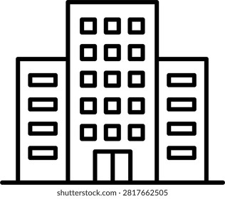 Minimalist Black Line Vector Icon of a Multistory Office Building or Apartment Complex on a White Background, Featuring an Editable Stroke for Customizable Line Weight and Scalable Design.